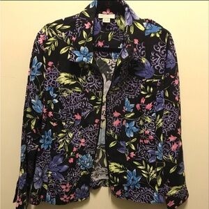 Appleseed's Black Multicolor Floral Blazer Plus Size/Tall Zip Up